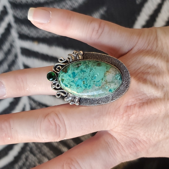 New Chrysocolla & Diopside 925 Silver Butterflies Statement Ring. - Picture 15 of 16